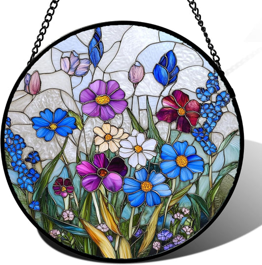 Stained Glass Window Hanging Blue Purple Wildflowers Large 15" - Suncatcher Door Garden Sunroom Sun