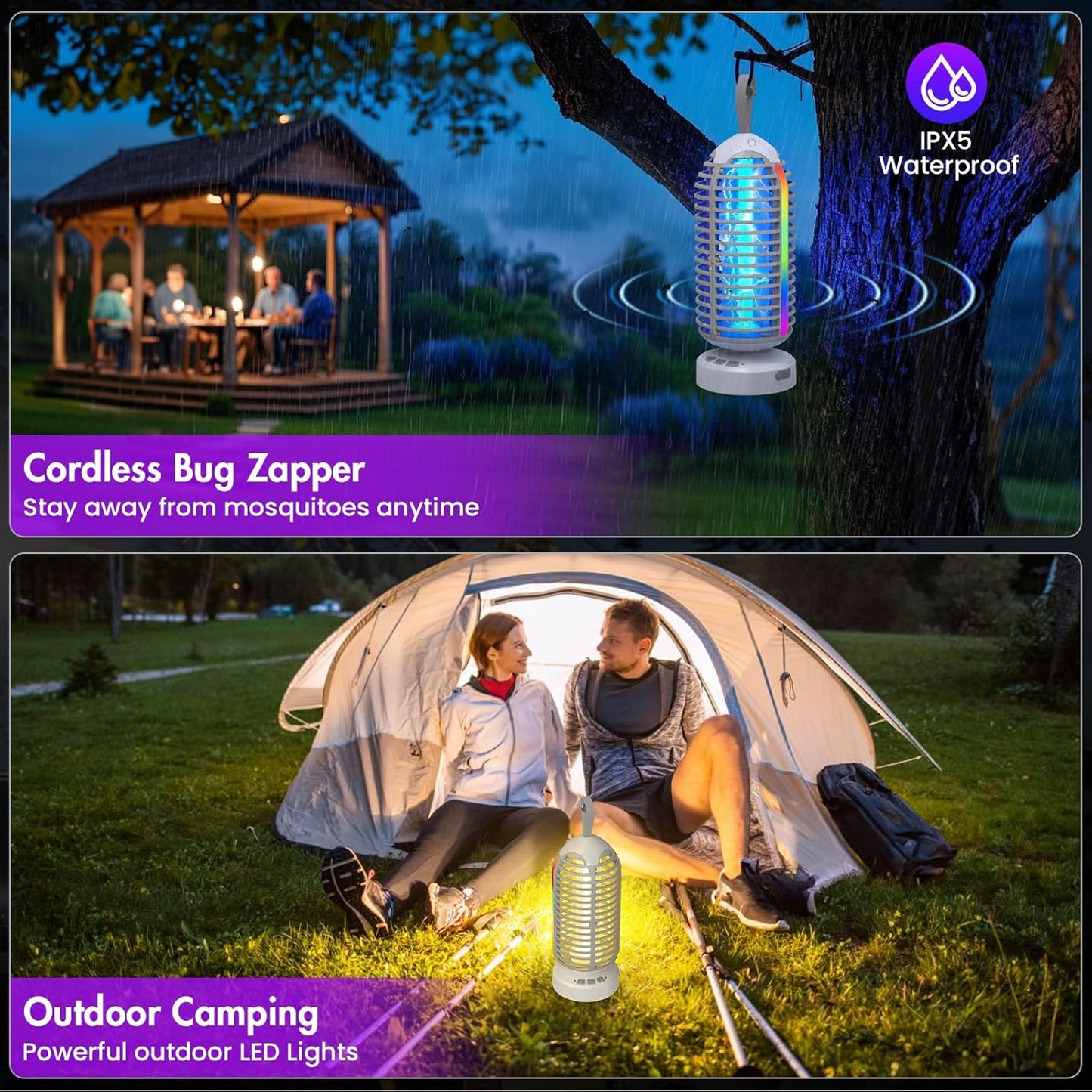 Bug Zapper Outdoor with Colorful Lighting and Auto-Sensing, 3 in 1 Cordless 4000mAh Battery Electric Fly Trap, Rechargeable Mosquito Zapper for Camping, Patios, Garden, Kitchen (1Pack-Grey)