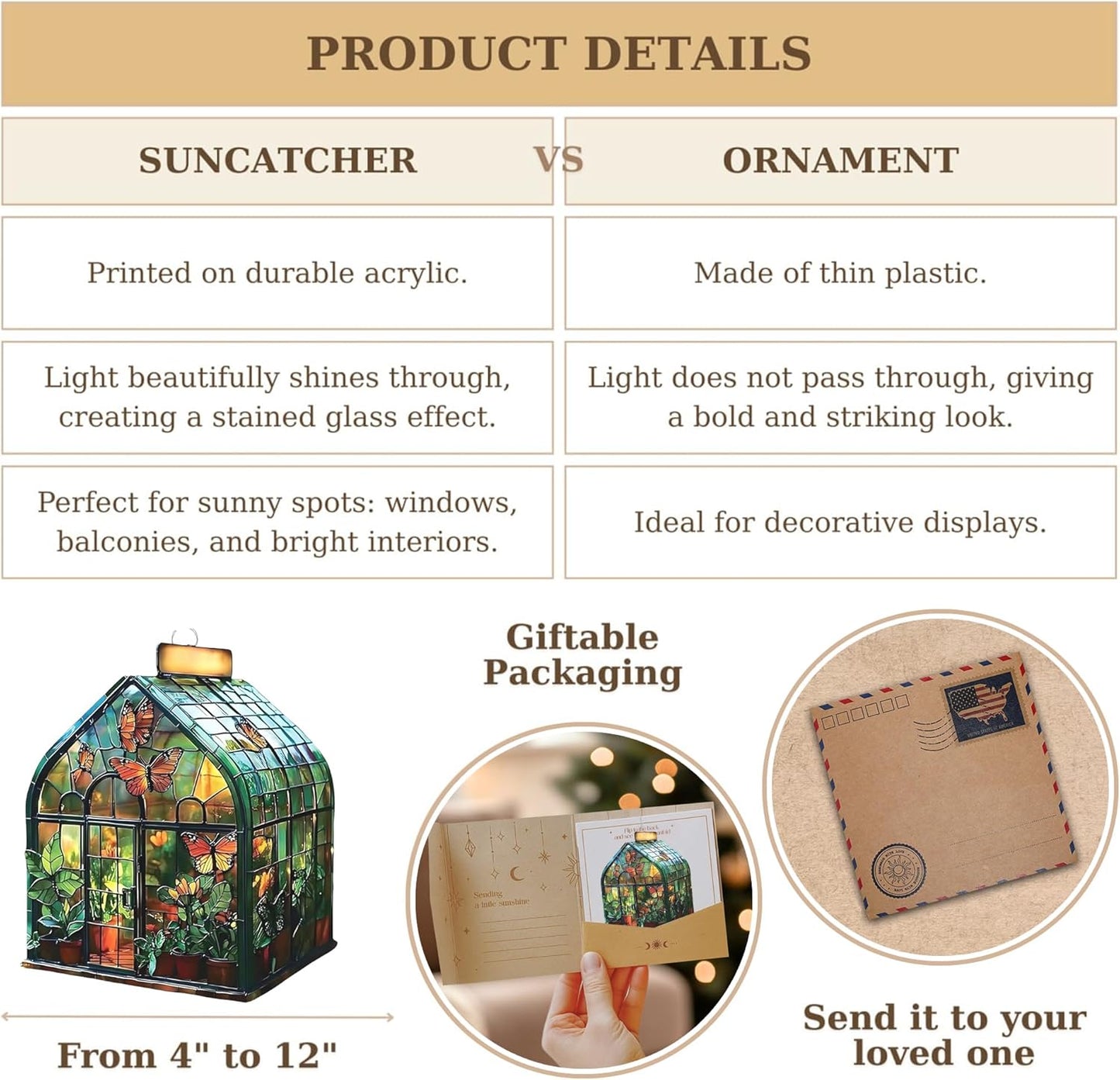 Greenhouse Acrylic Suncatcher Stained Glass Effect Window Car Hanging Christmas Ornament Indoor Outdoor Decor Garden Sun Catcher Panel Gifts for Nature Lover for Women Mom Grandma