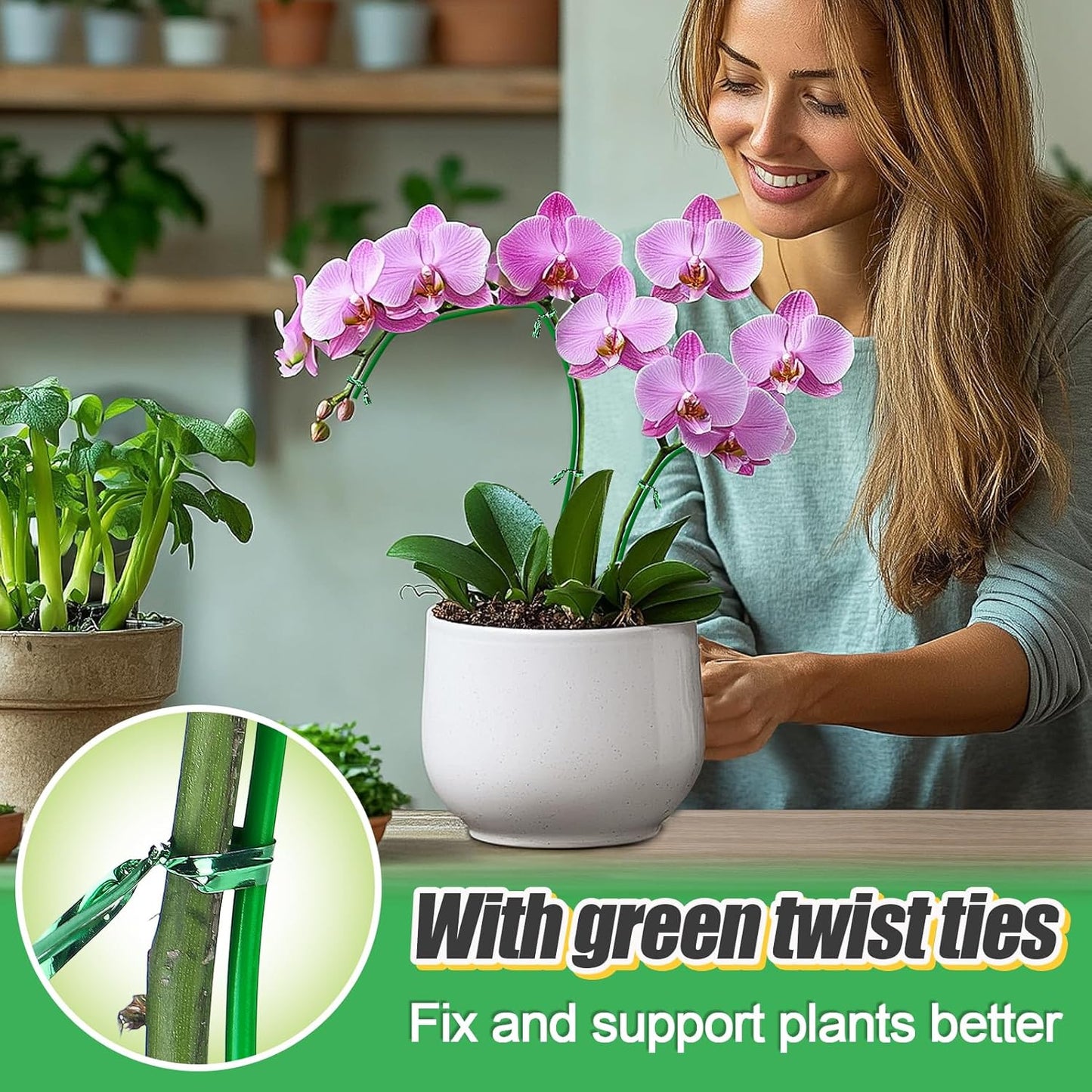 16ft Bendable & Cuttable Plant Stakes, Green Orchid Flower Stem Support Sticks with 800 Ties for Monsteras Money Trees Indoor Potted Plants Beans