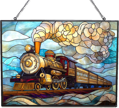 Personalized Rectangle Art Nouveau Steam Train Suncatcher Stained Glass Stained Glass Window Hanging Home Decor Garden Halloween Christmas Wedding Housewarming Gifts