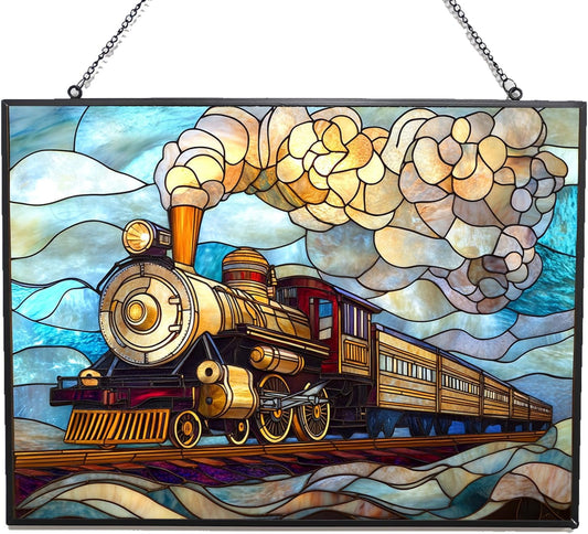 Personalized Rectangle Art Nouveau Steam Train Suncatcher Stained Glass Stained Glass Window