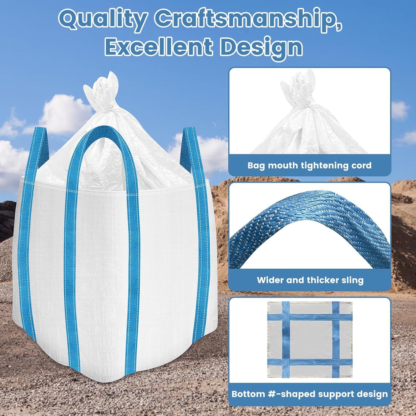 FIBC Bulk Bag, 2 Ton Bag, 35"L x 35"W x 43"H, 4400 lbs SWL, 6 Pack, Duffle Top Flat Bottom, Heavy Duty Woven Polypropylene Bags for Industry Construction