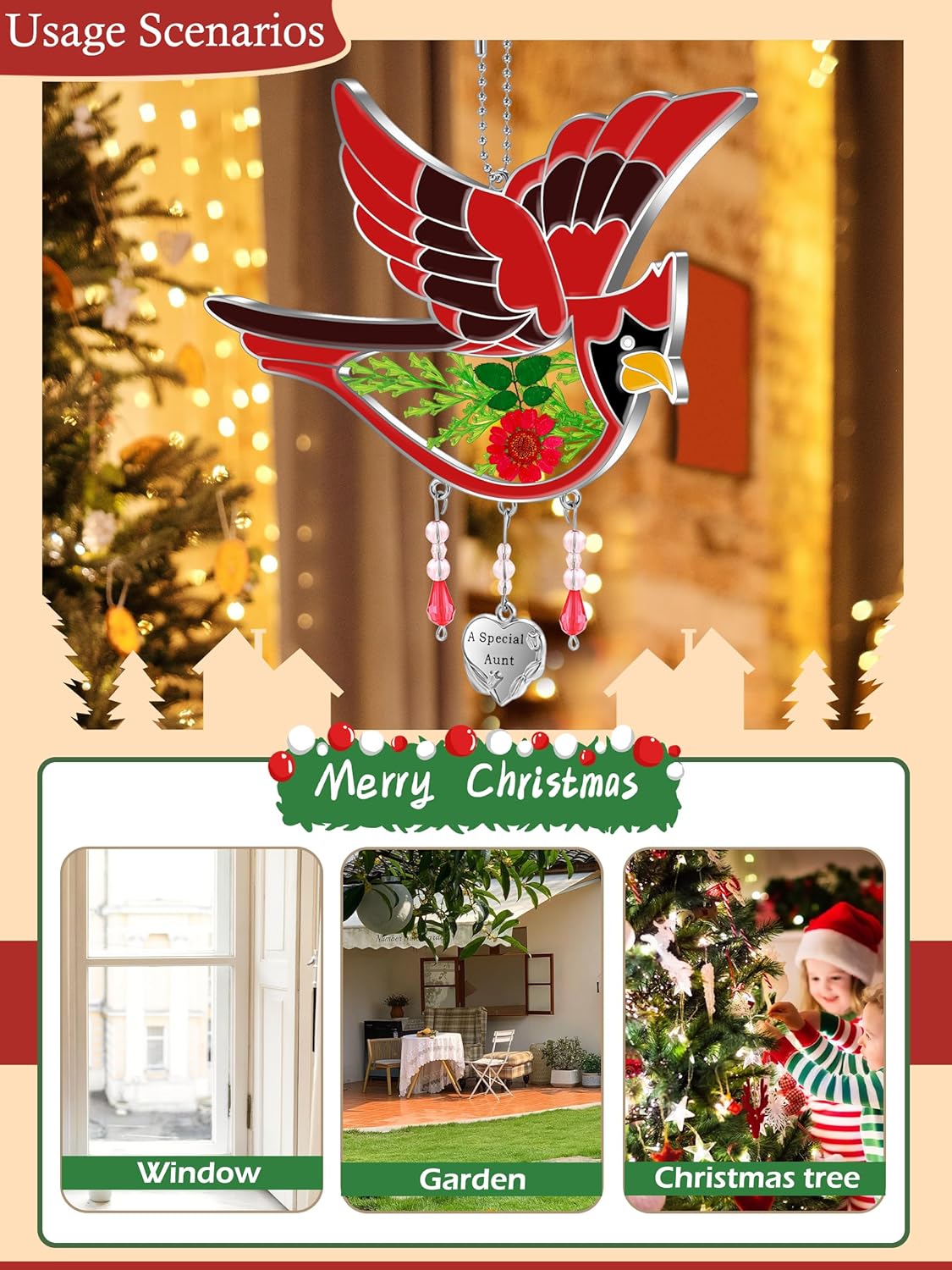 KY&BOSAM Cardinal Suncatcher Had-Painted Staine Glass for Windows Hangings Wind Chimes Pressed Real Flower Wings Glass with Metal Heart Charm Birthday Gifts for Women Mother's Day(A Special Aunt)