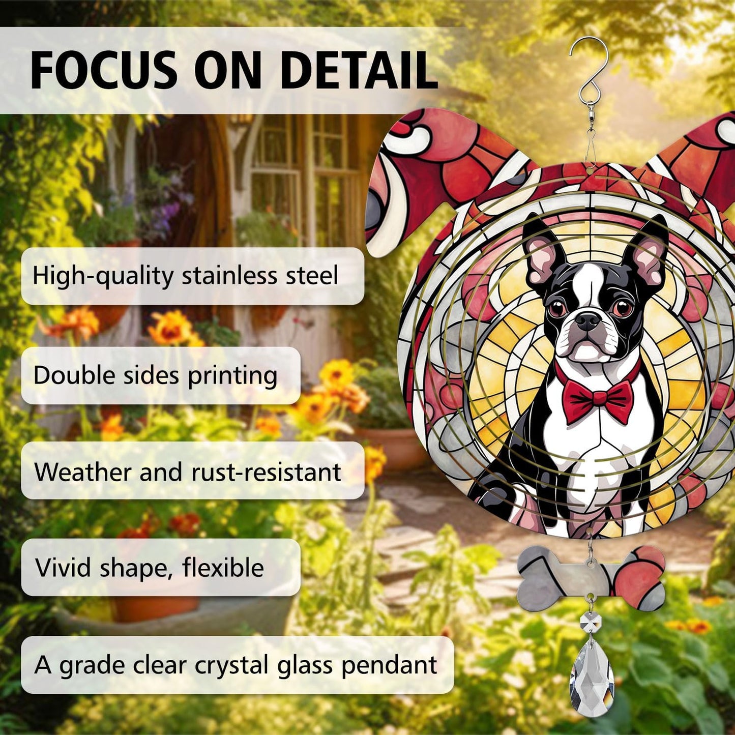 Boston Terrier Dog Ears Wind Spinner, Boston Terrier Wind Spinner Hanging for Yard and Garden V02