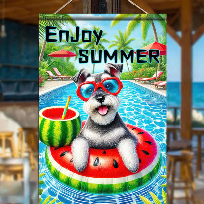 Enjoy Summer Garden Flag Schnauzer Dog 12X18 Inch Print Double Sided Cute Puppy Decorative Yard Flag Banner Poolside Patio Decor Banner Outside Seasonal Holiday Outdoor Decoration