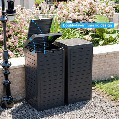 Outdoor Trash Can with Lid, Outdoor Trash Bin & Pull-Out Liquid Drawer, Dual Lid Closure Design, Waterproof Resin Garbage Can Container for Patio, Backyard, Deck (Black, 31 Gallon)