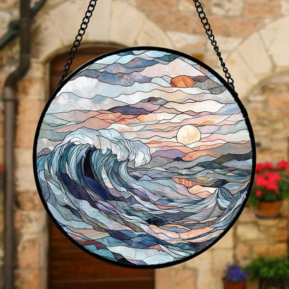 Stained Glass Window Hanging, Sunrise Waves Sun Catchers Diamond Glass Panel Hangings Abstract Suncatcher Decor for Birthday for Women, Men, Wife, Aunt, and Mom 6.3 in
