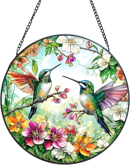 Suncatcher Stained Glass Window Hanging - Hummingbird Glass Panel with Metal Chain and Hooks Handmade Sun Catcher Decoration for Window Garden Home Christmas & Birthday Gifts (8 Inch)