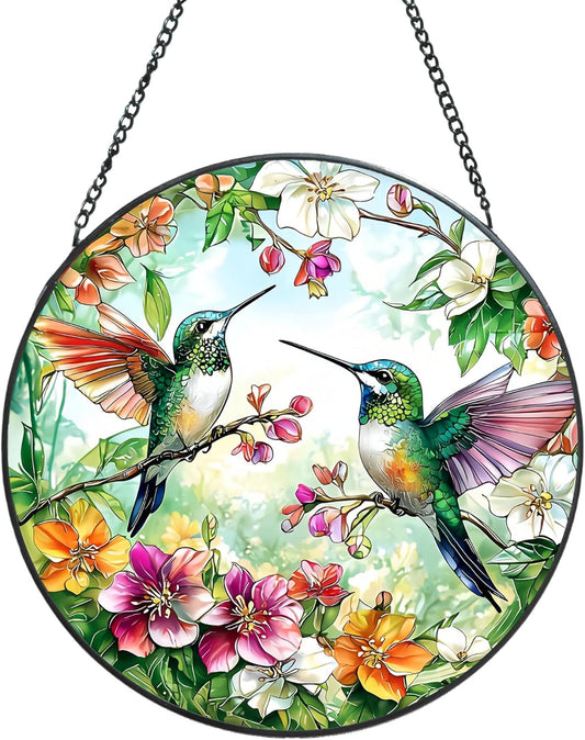 Suncatcher Stained Glass Window Hanging - Hummingbird Glass Panel with Metal Chain and Hooks