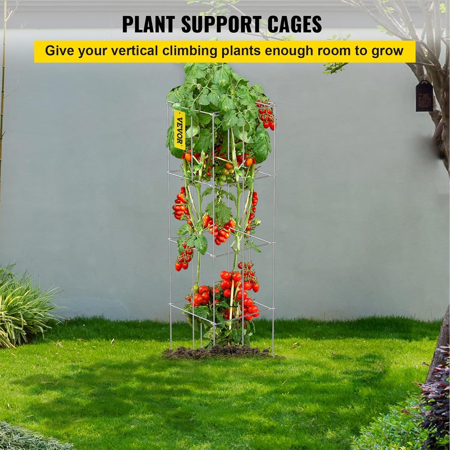 VEVOR Tomato Cages, 11.8" x 11.8" x 46.1", 5 Packs Square Plant Support Cages, Silver PVC-Coated Steel Tomato Towers for Climbing Vegetables, Plants, Flowers, Fruits