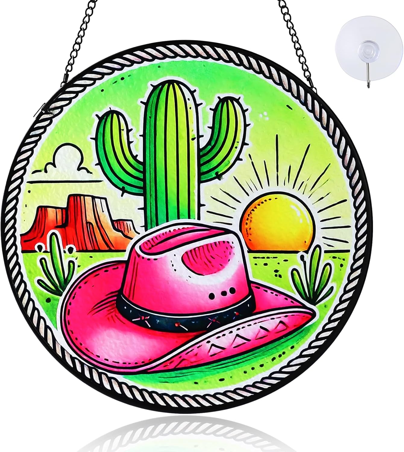 West Cowgirl Cactus Hat Suncatcher Stained Glass Window Hanging with Metal Chain and Hooks 7.8 Inch Indoor/Outdoor Home & Garden Decor Housewarming Gifts