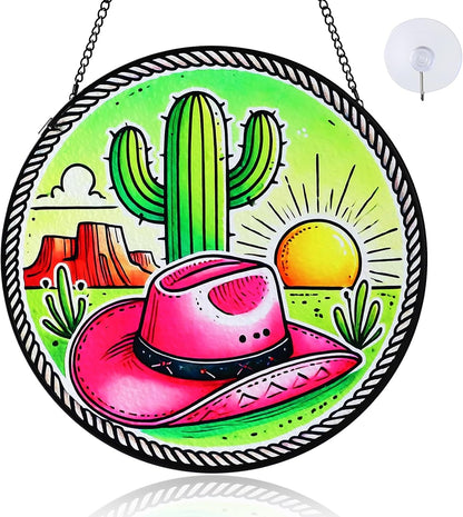 West Cowgirl Cactus Hat Suncatcher Stained Glass Window Hanging with Metal Chain and Hooks 7.8 Inch Indoor/Outdoor Home & Garden Decor Housewarming Gifts