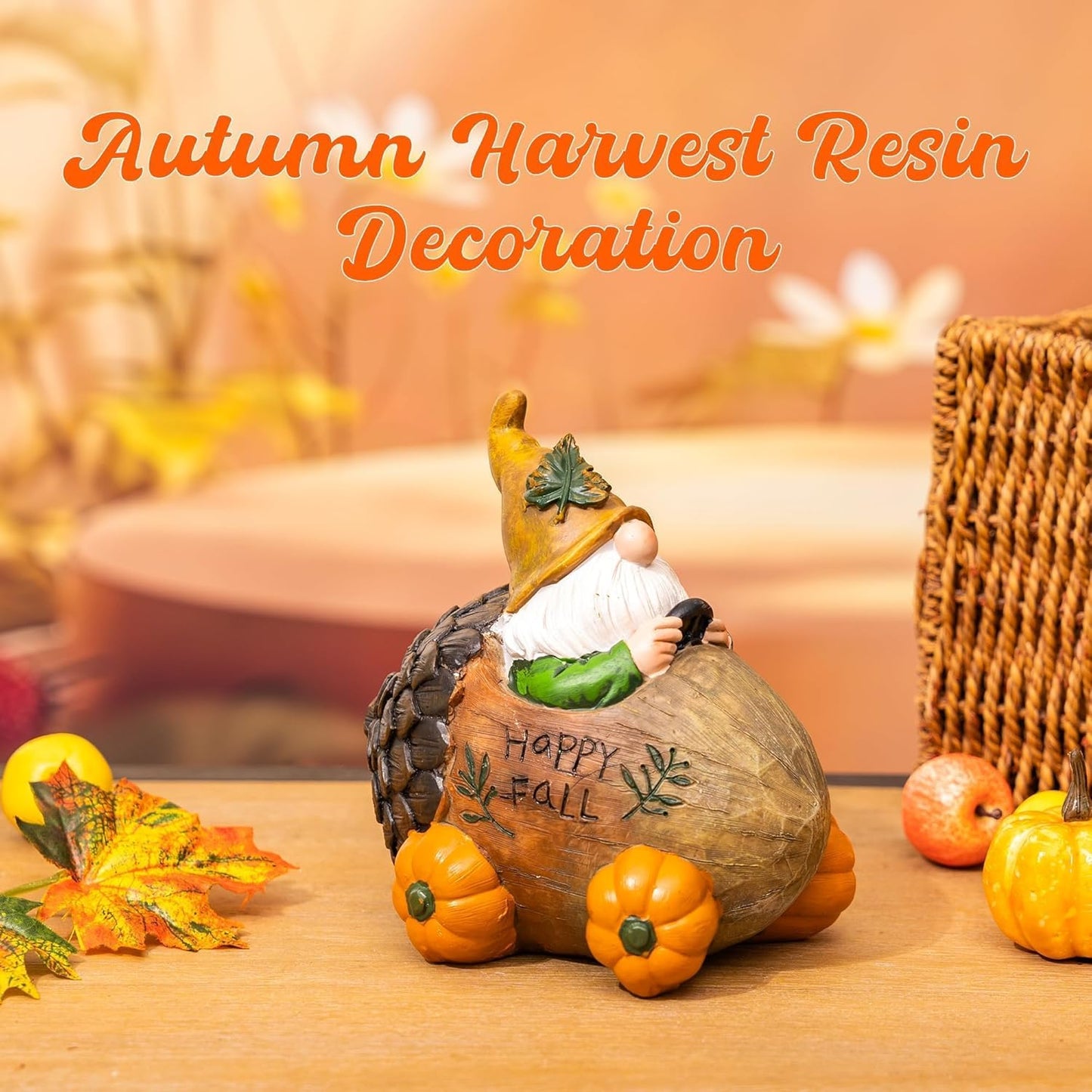 Topadorn Fall Gnome Statue Pine Cone Car with Pumpkin Wheel, Autumn Harvest Gnome Resin Figurine for Home and Outdoor, Thanksgiving Party Home Gnomes Decor