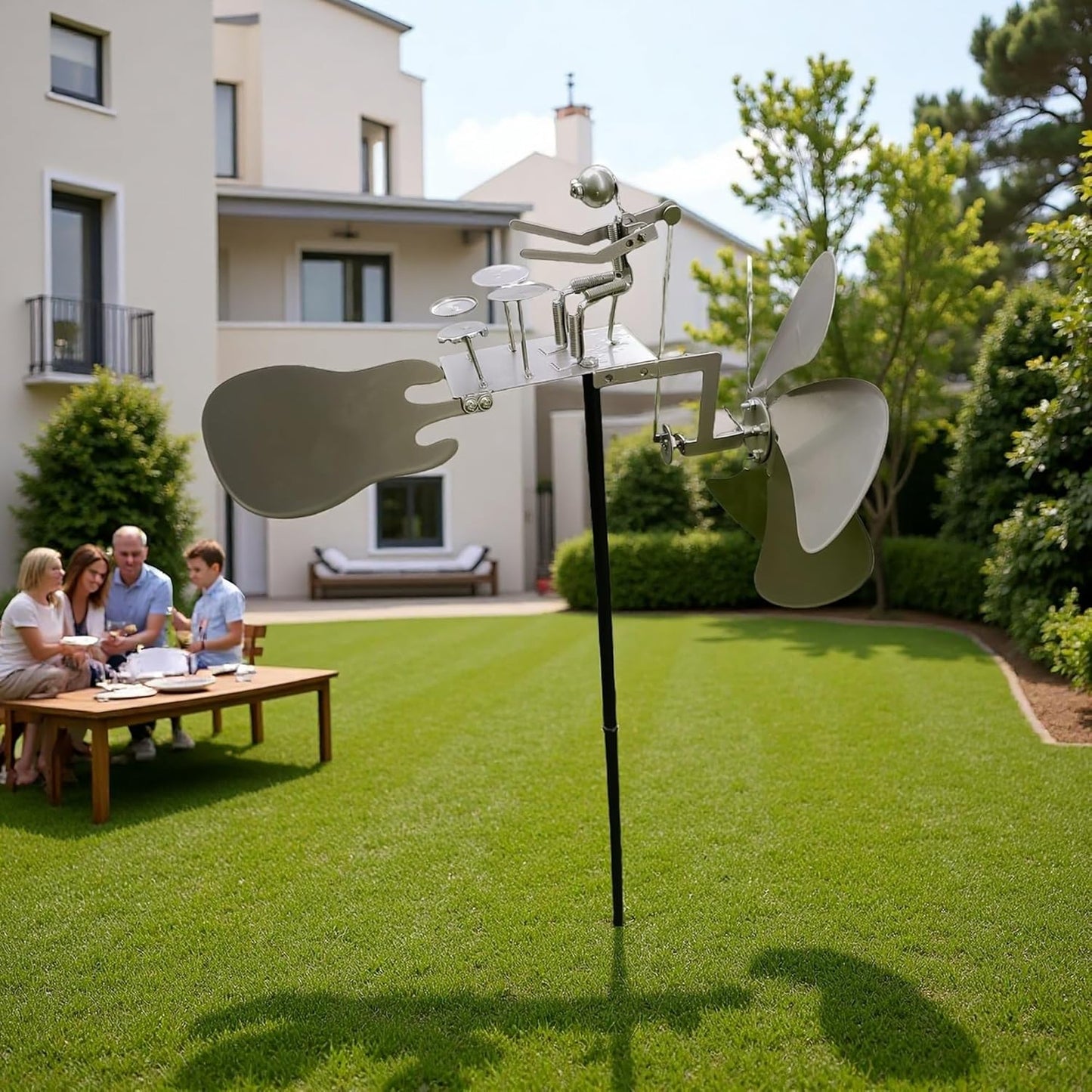 Handmade Metal Drummer Rock Band Windmill, Wind Powered Kinetic Sculpture, Garden Outdoor Wind Mill Spinner for Yard Lawn Garden Patio Rockin Art Figurine Decor (Silver)