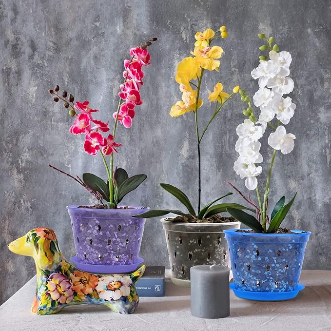 Orchid Pot, 6.7 Inch 8 Pack Orchid Pots with Holes and Saucers,Plastic Orchid Planter - Purple Amethyst