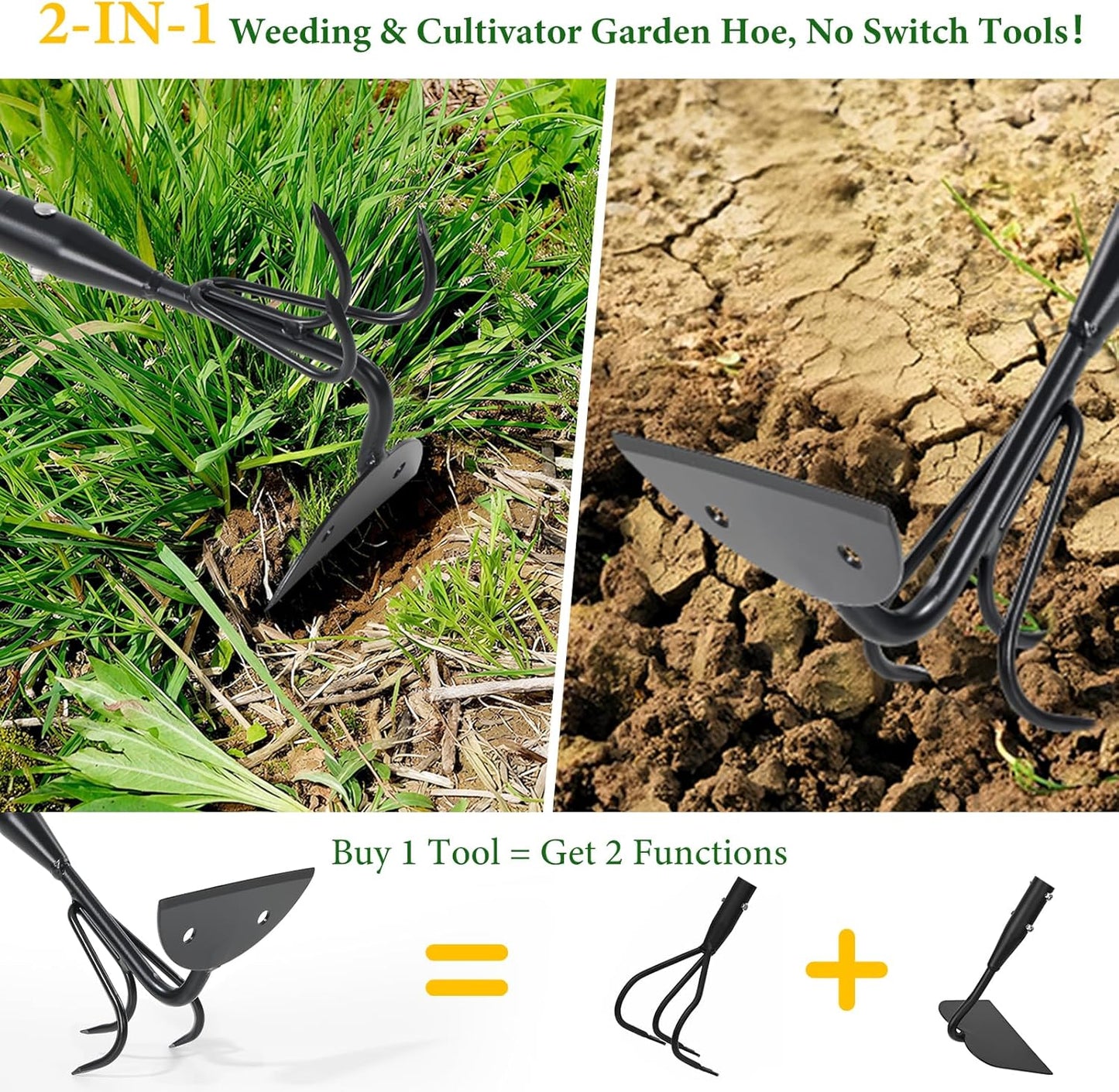 65'' Hoe and Cultivator Garden Tool - 2 in 1 Heavy Duty Garden Hoe for Weeding,Soil Loosening,Sharp Blade,Long Handle Claw 3-Tine Hand Tiller Rake for Gardening
