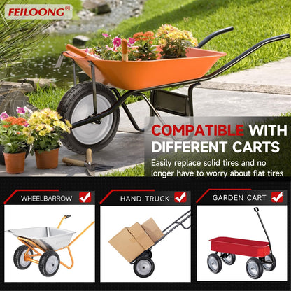 4.80/4.00-8 Tire and Wheel, 14.5" Flat Free Wheelbarrow Tire, 5/8" 3/4" Bearings Universal Solid Replacement Tires, 3" -7" Centered Hub for Hand Truck, Garden Cart, Includes Spacer Kit