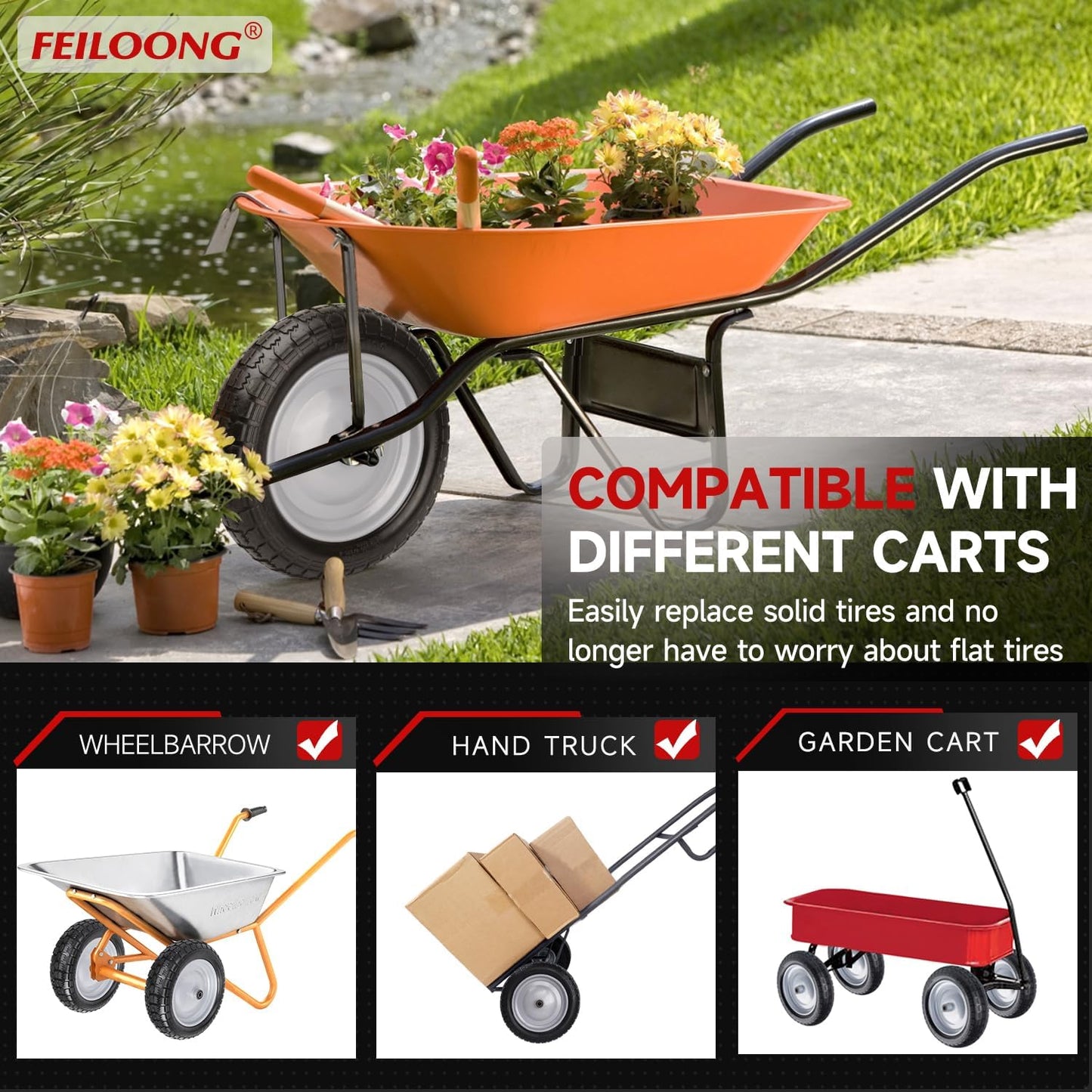 4.80/4.00-8 Tire, 14.5" Flat Free Wheelbarrow Tire and Wheel, 5/8" 3/4" Bearings Solid Replacement Tires, 3" -7" Centered Hub, Universal Fit 4.80/4.00-8, 3.50/3.00-8, 4.00-6, 2 Pack