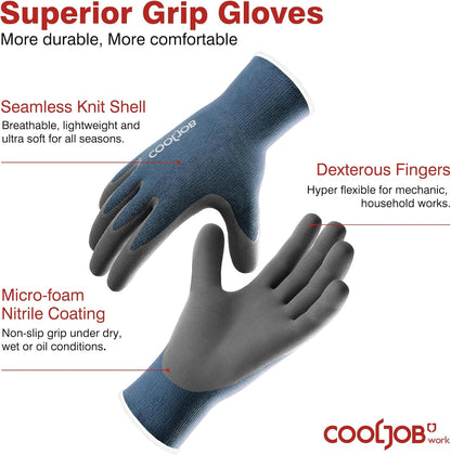 COOLJOB 2 Pairs Micro-Foam Nitrile Safety Work Garden Gloves with Touchscreen Fingers, Lightweight Working for Men’s Sweaty Hands, Non-slip Coated Grip Fits Most Tasks, Large, Blue & Black