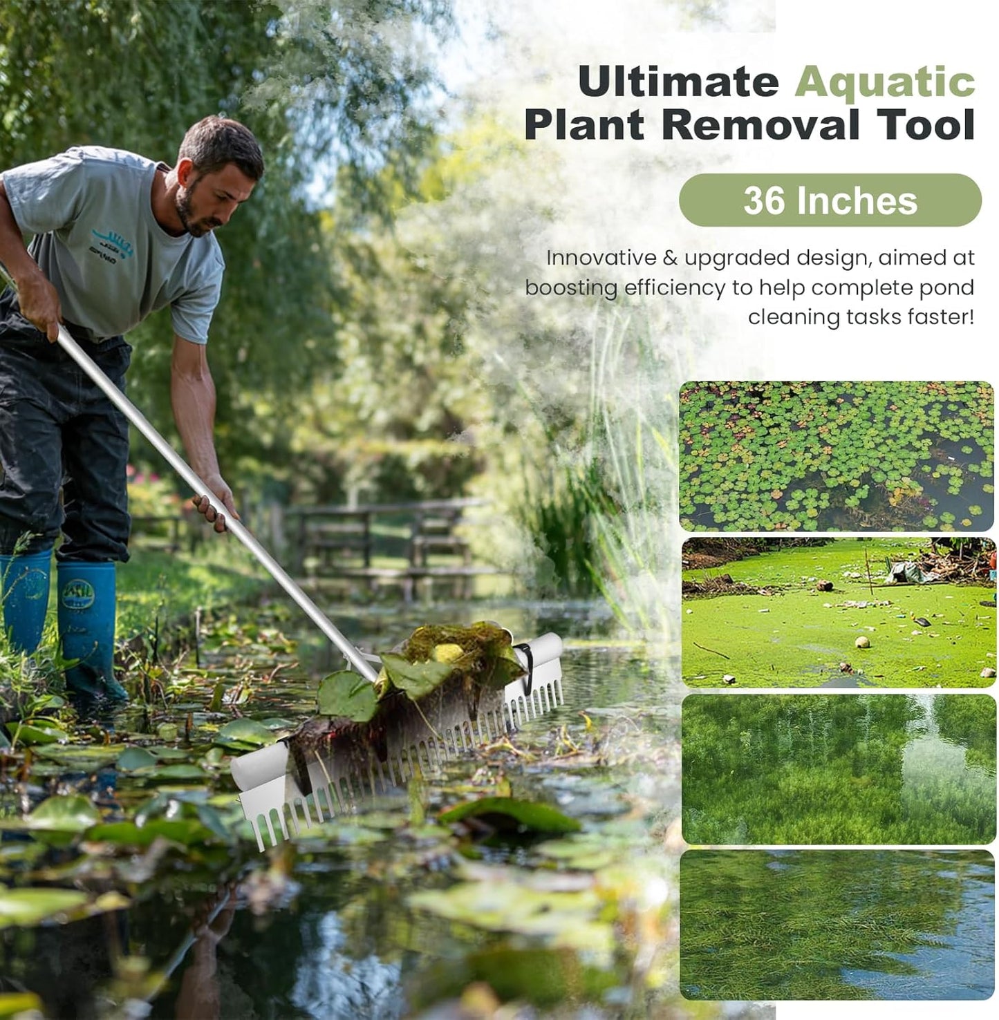 Landscape Rake, 36" Aluminum Heavy Duty Lake Weed Rake, Multifunctional Detachable Aquatic with 102'' Extension Handle & 20Ft Rope, for Weed Algae Removal Loosening Soil Lawn Garden Care