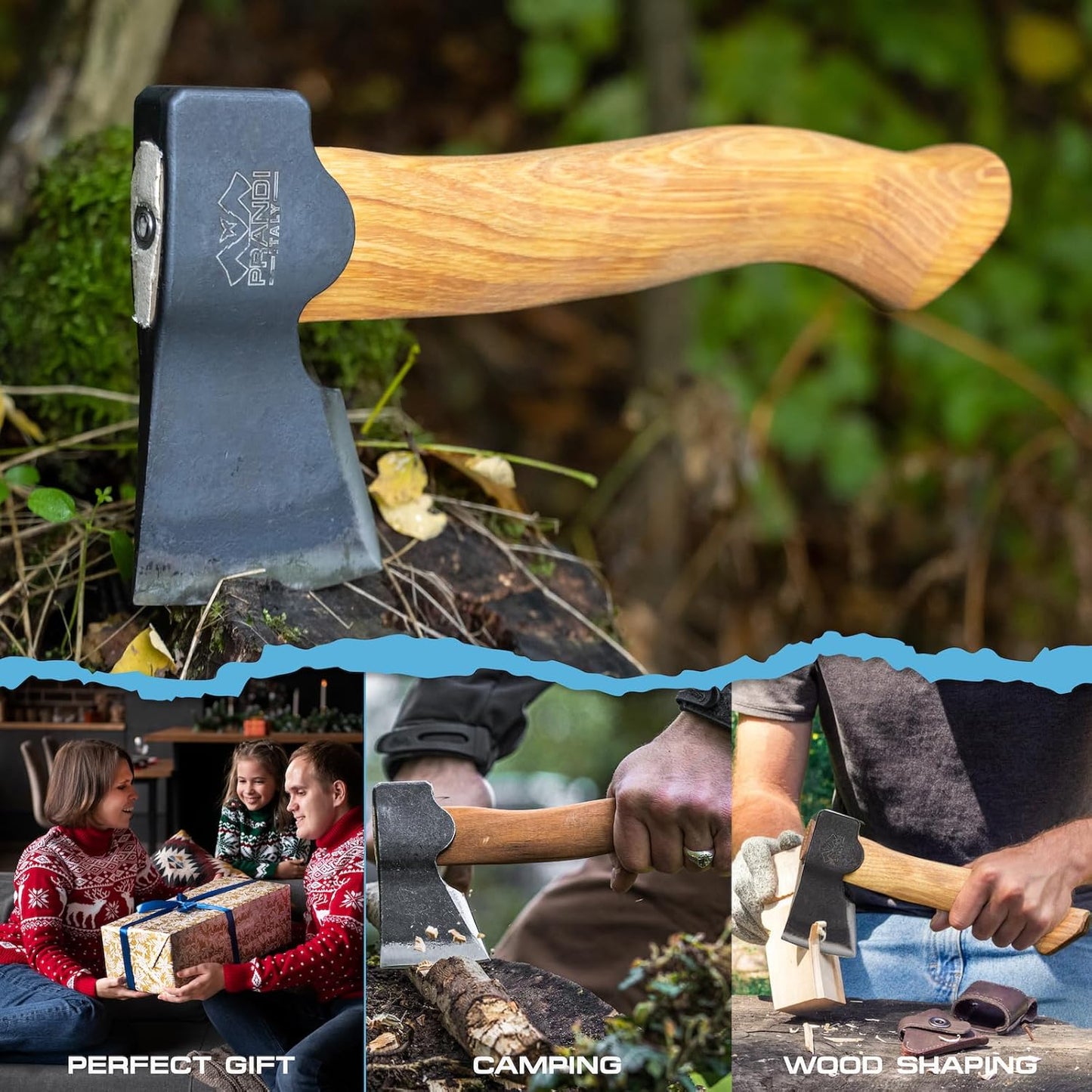 Prandi Segurin Hatchet 88 lb - Hickory Handle 11in with Leather String - Ideal for Camping, Travel and Bushcraft - Made in Italy