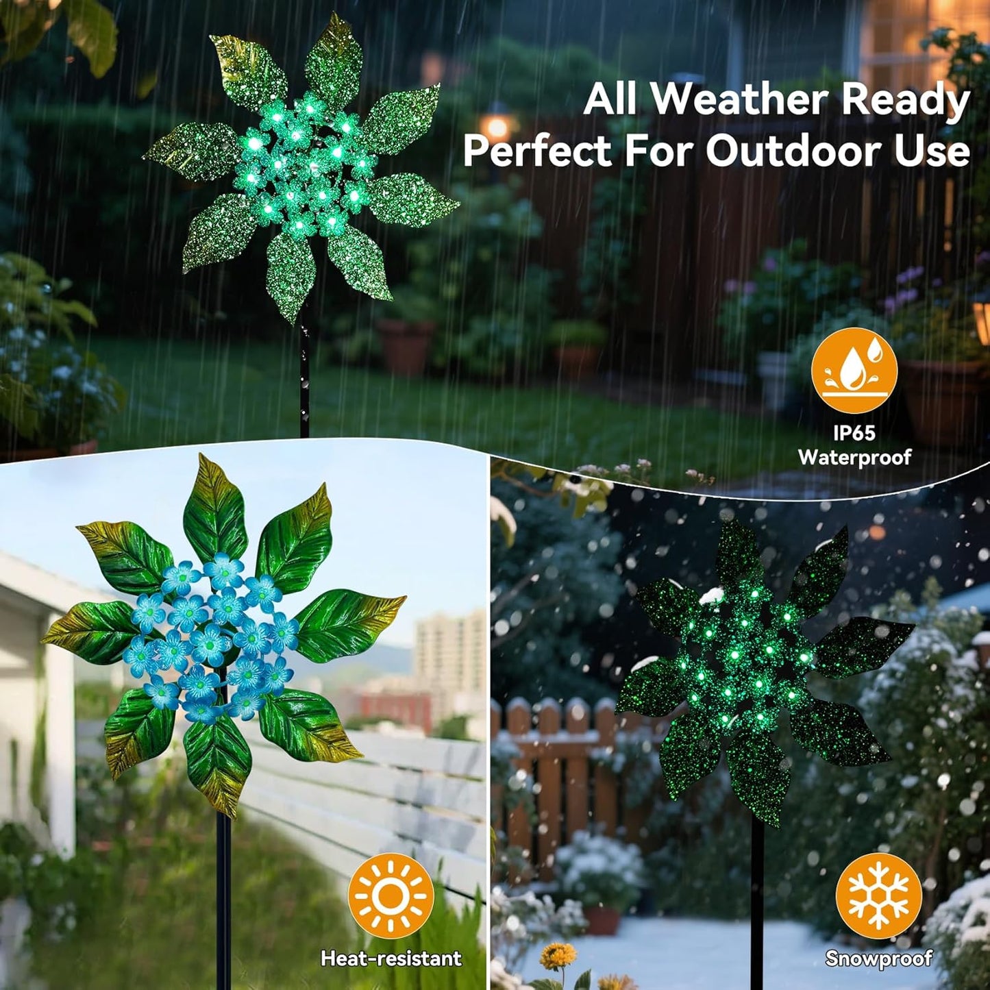 Solar Glow Garden Wind Spinner Outdoor, 13" W Flower Metal Wind Spinner & Sculptures with Fluorescent Coating, Kinetic Windmill for Yard Lawn Patio Decor, Blue