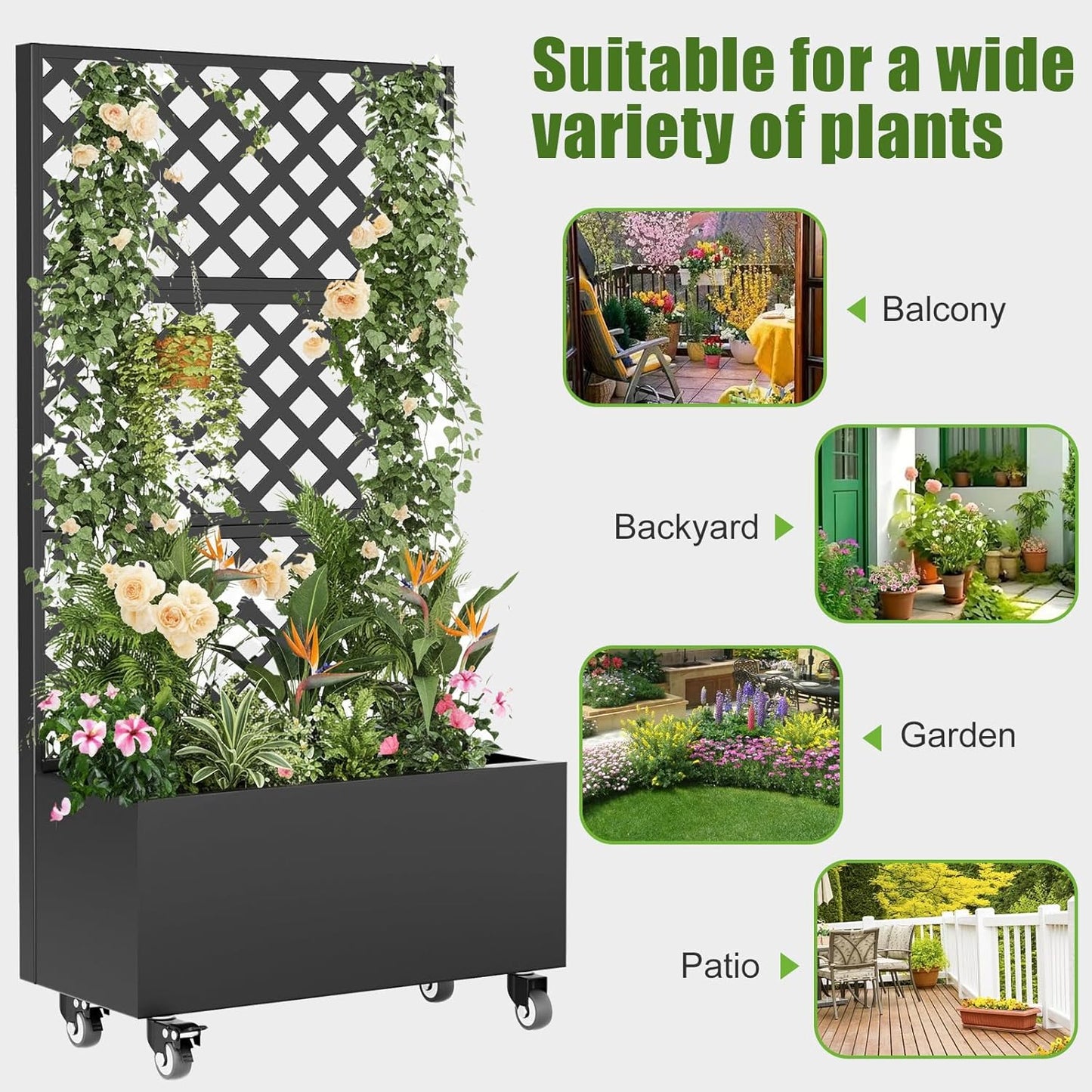 Metal Raised Garden Bed with Trellis and Wheels,72"x 36"x 16" Planter Box with Trellis Privacy Screen,Planter with Trellis and Drainage Holes for Climbing Plants,Vegetables & Vines,Outdoor Plants