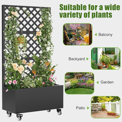 Metal Raised Garden Bed with Trellis and Wheels,72"x 36"x 16" Planter Box with Trellis Privacy Screen,Planter with Trellis and Drainage Holes for Climbing Plants,Vegetables & Vines,Outdoor Plants