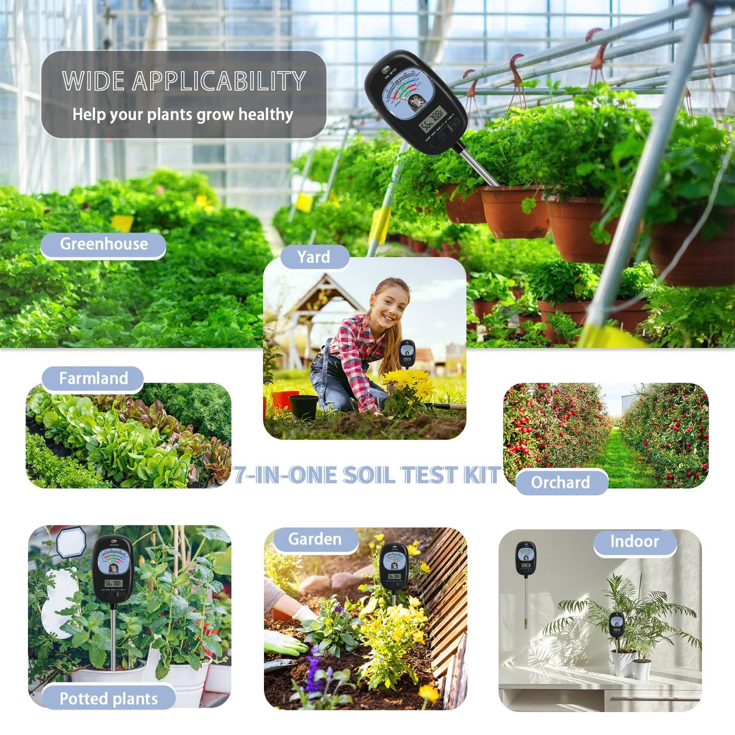 7-in-one Soil Test Kit, Soil Moisture Meter/PH Meter/Sunlight Intensity/Fertility Soil Tester, LCD