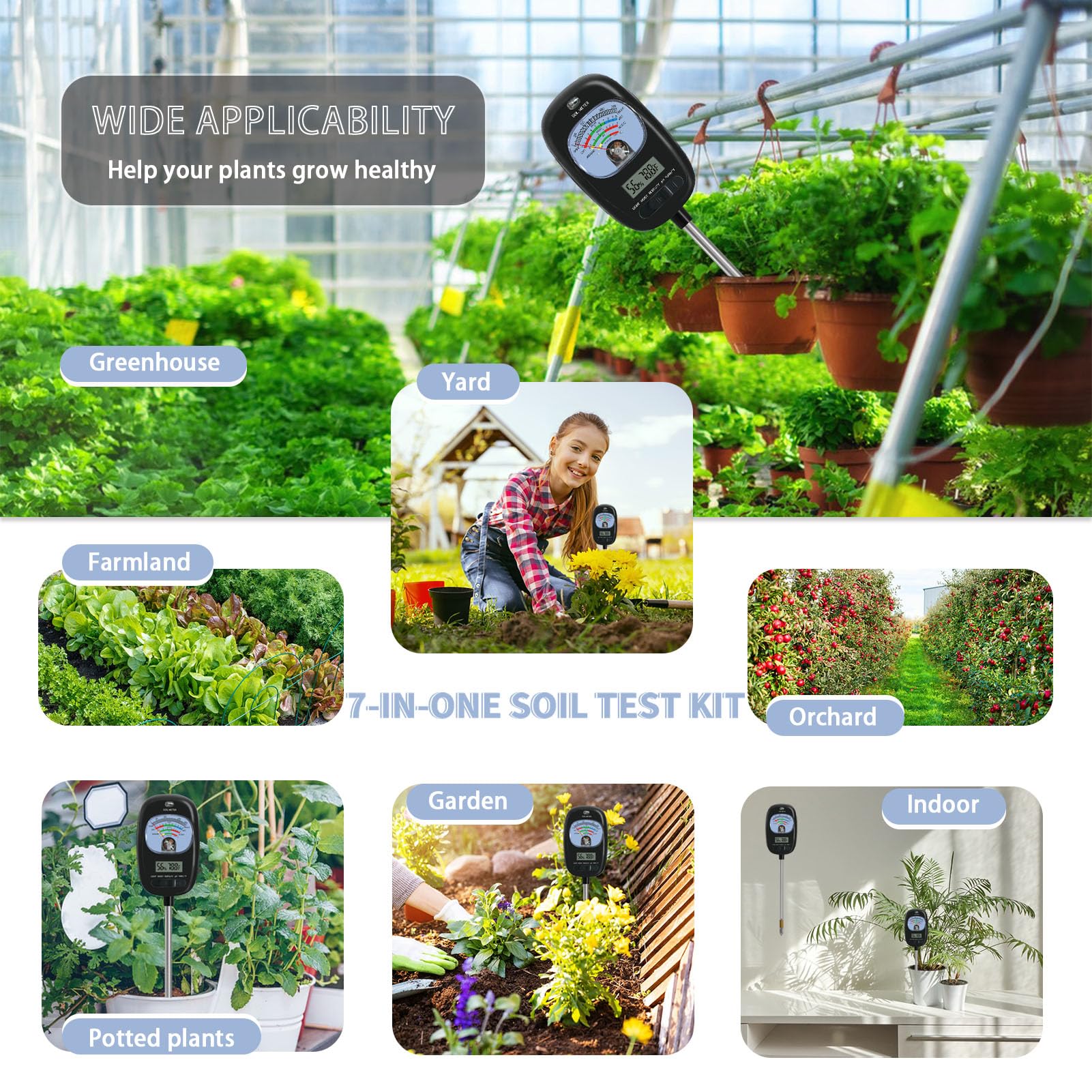 7-in-one Soil Test Kit, Soil Moisture Meter/PH Meter/Sunlight Intensity/Fertility Soil Tester, LCD