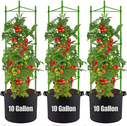 Tomato Cages with 10 Gallon Grow Bags, 48 Inches Garden Tomato Planter, 3-Pack Tomato Trellis for Raised Garden Bed, Tomato Cage Pots Plant Support Stakes Trellis for Climbing Plants Vegetable Flowers