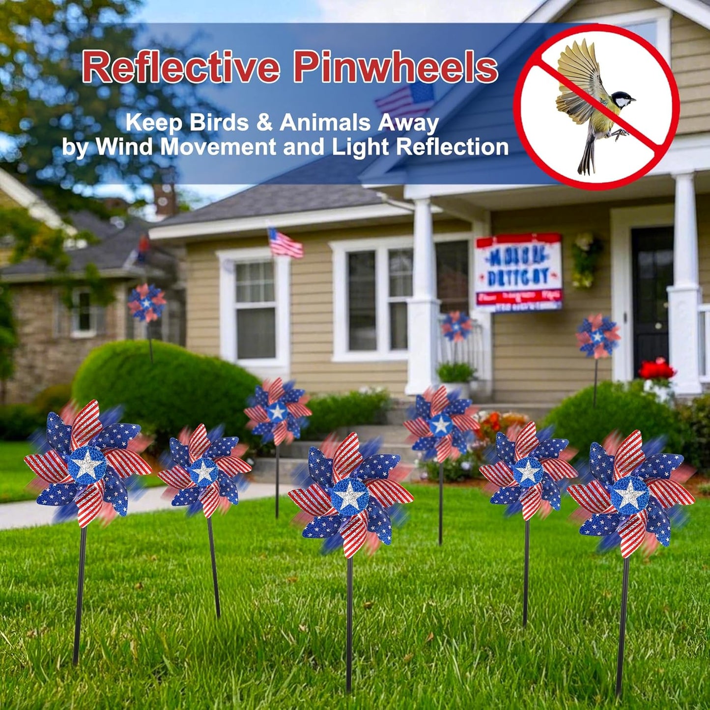 winemana 12 Pack 4th of July Patriotic Pinwheels for Yard & Garden – Reflective American Flag Wind Spinners, Outdoor Bird Deterrents Decorations for Independence Day & Memorial Day (Red White Blue)