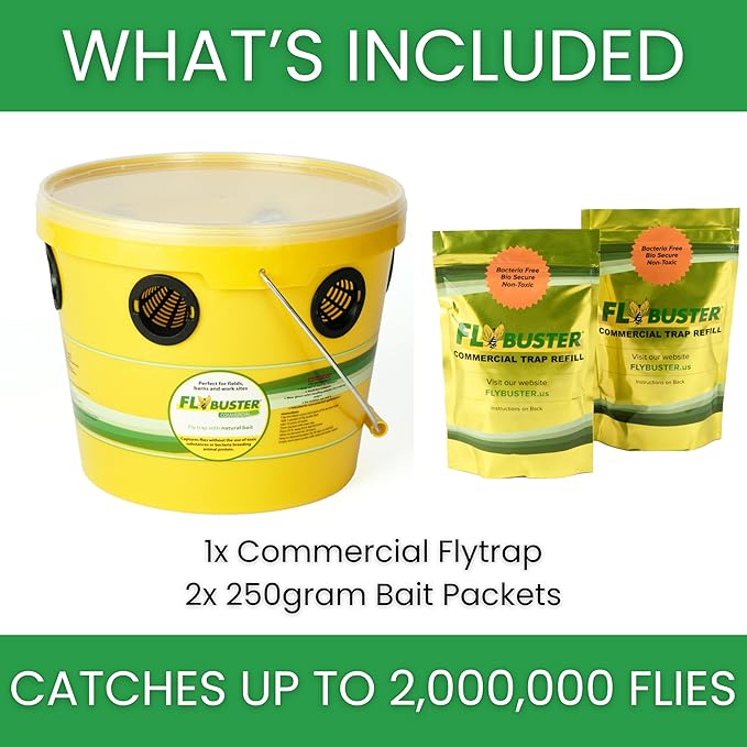 Flybuster Fly Trap | Outdoor Device for Catching Flies | 10-Liter Commercial Size | Comes with One Flytrap and 2 Bait Packets | 2,000,000 Fly Capacity | Non-Toxic | Child & Pet Safe