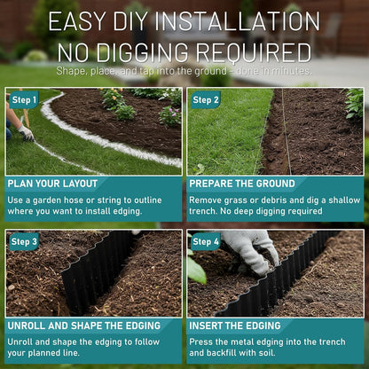 50FT Black Corrugated Metal Landscape Edging – Flexible & Rustproof Garden Edging Border, Decorative Metal Trim for Flower Beds, Lawn, Driveway, Walkway & Raised Beds