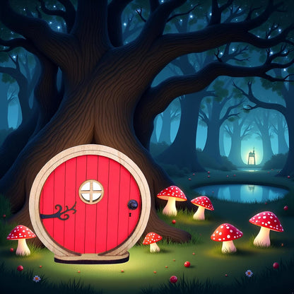 Red Fairy Garden Door for Tree, Fairy Doors for Trees Outdoor and Tree Trunk, Mini Fairy Garden Sculpture Lawn Ornament Decor, Fairytale Tiny House Doors Mini Gift, Fairytales Door Decoration