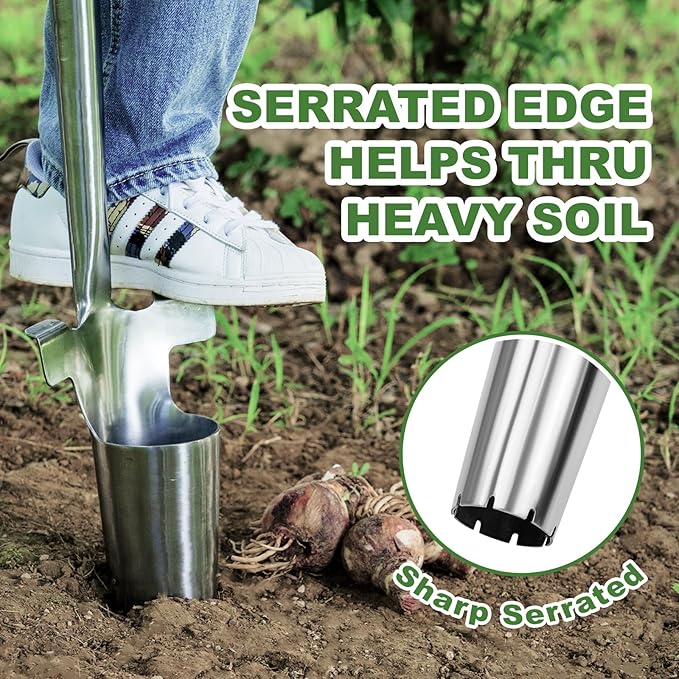 Long Handled Bulb Planter Tool, 37'' Bend-Proof Stainless Steel Bulb Planter, 4'' Depth Mark Long Handled Hole Digger, Bulb Planter with Comfortable T-Shape Long Wood Handle for Planting Tulip