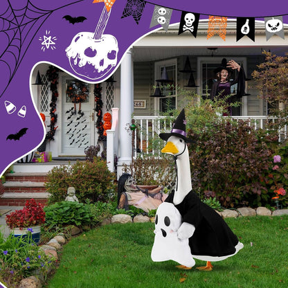 Sanwuta 1 Set Halloween Porch Goose Outfit Ghost Pillow Design with Witch Hat for 23" Lawn Cement Goose Porch Geese Clothes Costume for Halloween Garden Patio Yard Outdoor Decorations