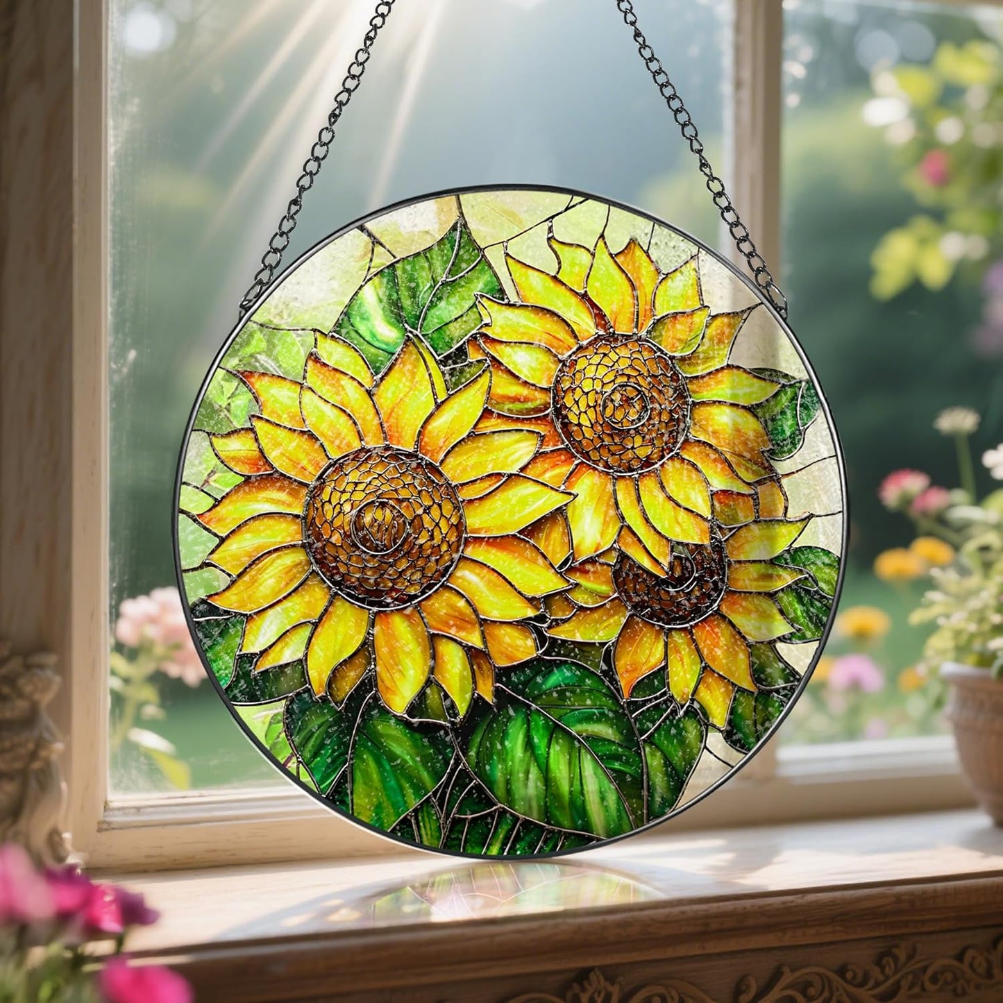Sunflower Stained Glass Suncatcher, 8 Inch Sun Catchers Indoor Window, Stained Glass Window Hanging, Windows Dedor and Christmas, Mother's Day, Birthday, Gifts for Women Mom, Idea Gift, Gift Exchange