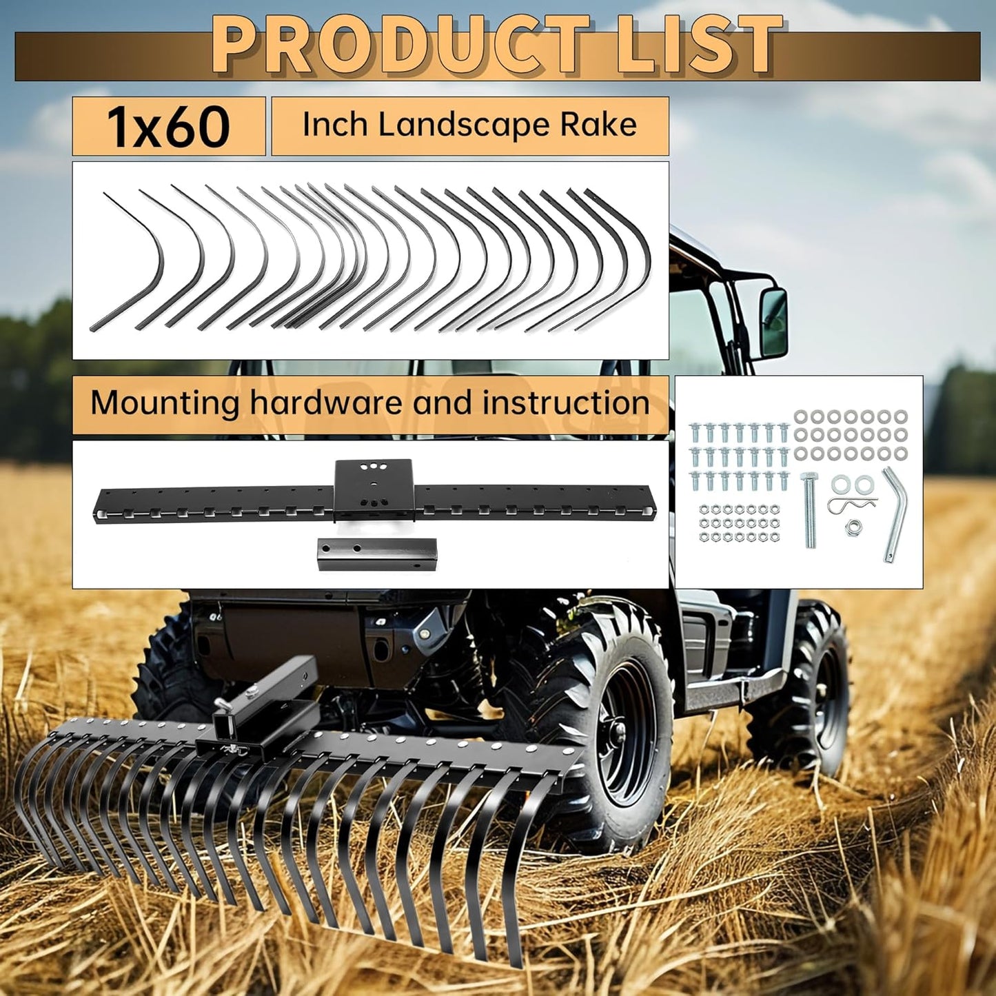KUAFU 60 Inch Landscape Rake Pine Straw Rake Tractors Rake Fit for 2 Inch Receiver ATV UTV SxS Features 48" or 60" Accessory Tool Bar & 3 Point Hitch System Powder Coated Steel