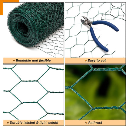 Green Chicken Wire 48 inch(H) x 100 ft(L), Anti-Rust Hexagonal Galvanized Metal Garden Netting for Floral Arrangements, PVC Coated Chicken Wire Coop for Crafts Plant Protector Pet Rabbits Fencing