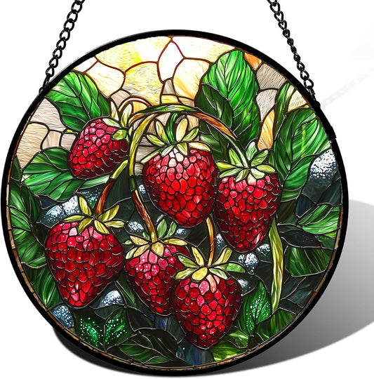 Stained Glass Suncatcher, Red Strawberry Green Leaf Sun Catcher Silver Background Stain Glass