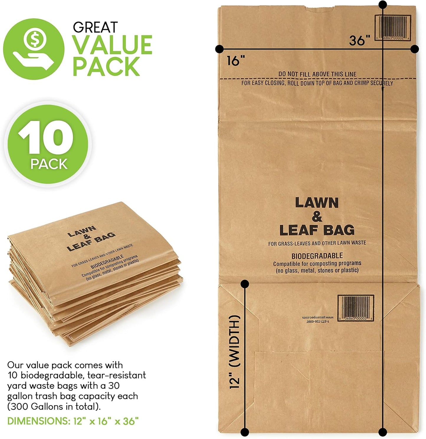 30 Gallon Kraft Lawn and Leaf Bags (10 Pack) Eco-Friendly Heavy Duty Large Paper Trash Bags, Made in the USA Tear Resistant Yard Waste Bags for Grass Clippings, Wet and Dry Leaves, Weeds, Twigs