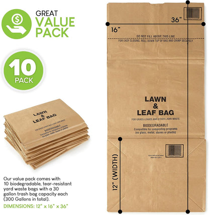 30 Gallon Kraft Lawn and Leaf Bags (10 Pack) Eco-Friendly Heavy Duty Large Paper Trash Bags, Made in the USA Tear Resistant Yard Waste Bags for Grass Clippings, Wet and Dry Leaves, Weeds, Twigs