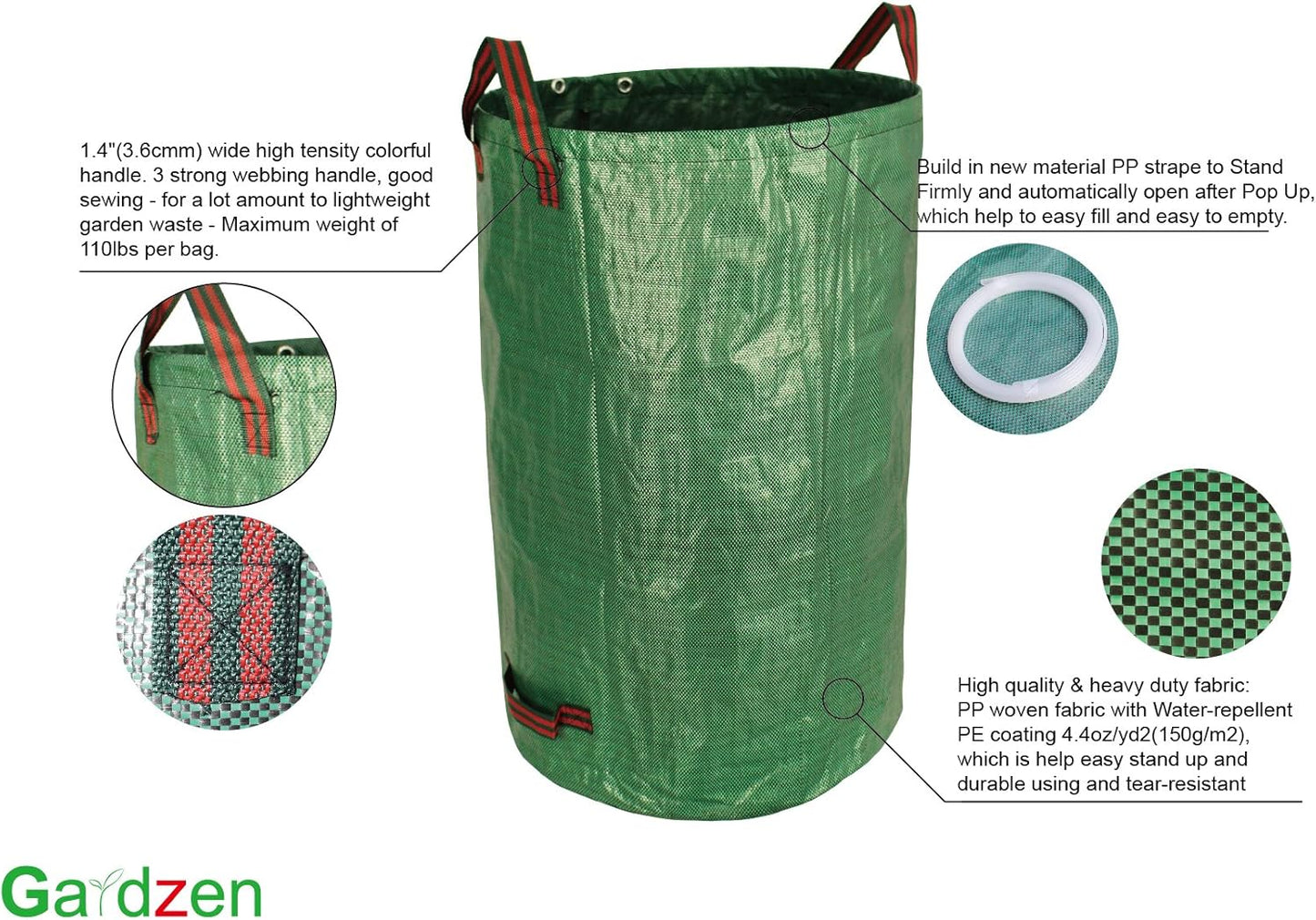 Gardzen 32&40&72 Gallon Yard Waste Bags, Reusable Heavy Duty Collapsible Garden Leaf Bags with Plastic Ring, Stand-Up Yard Waste Bin for Leaves, Lawn Debris & Grass Clippings