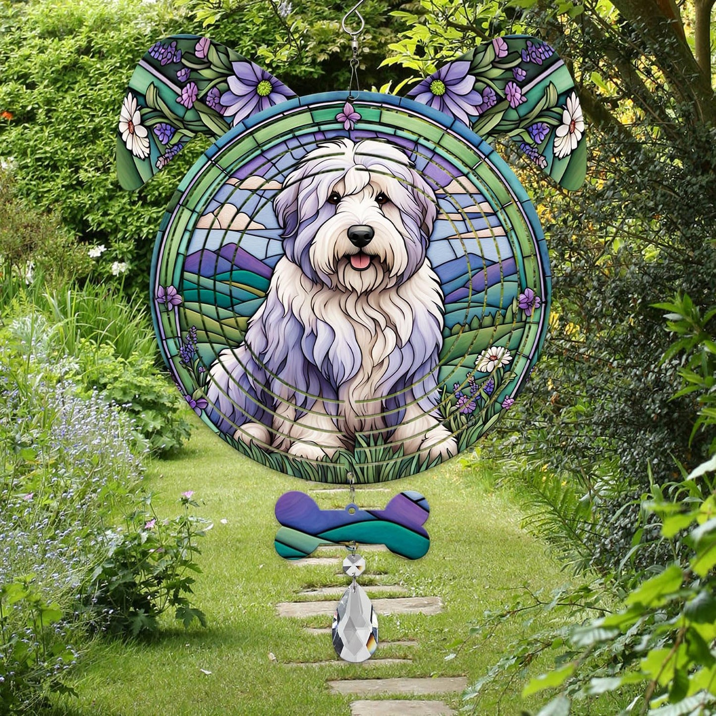 Old English Sheepdog Dog Ears Wind Spinner, Old English Sheepdog Wind Spinner Hanging for Yard and Garden V02
