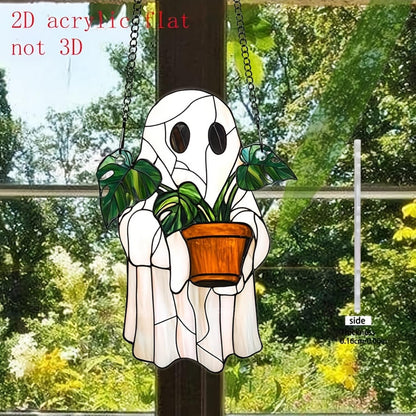 7.8Inch Cute Ghost Suncatcher Handcrafted Greenhouse Window Hanging Decor for Plants, Stained Glass Suncatchers Window Decor for Garden Family Wall，Halloween Party Gift for Friend