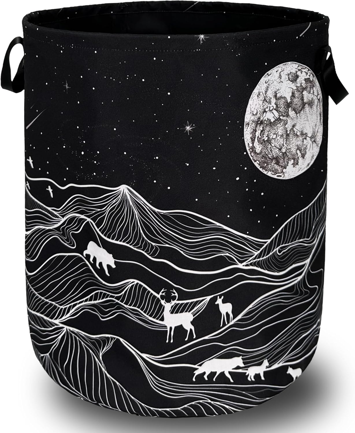 Mountain Laundry Basket Foldable With Handles Deer Bear Moon Tote Bag Oxford Cloth Funny Laundry Hamper Clothes Storage Bucket Toy Organizer For Bathroom/Laundry/Bedroom 18.9" x 16.5 "