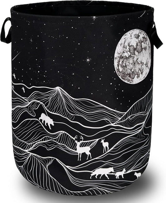 Mountain Laundry Basket Foldable With Handles Deer Bear Moon Tote Bag Oxford Cloth Funny Laundry Hamper Clothes Storage Bucket Toy Organizer For Bathroom/Laundry/Bedroom 18.9" x 16.5 "