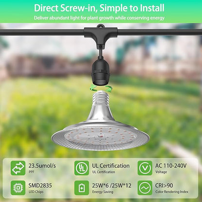 6-Light Outdoor LED Grow Lights – Waterproof Full Spectrum Greenhouse Lights for Plants, 21.3FT Adjustable String Lights with 288 LEDs E26 Base Bulbs, IP44 Waterproof for Garden, Farm, Yard